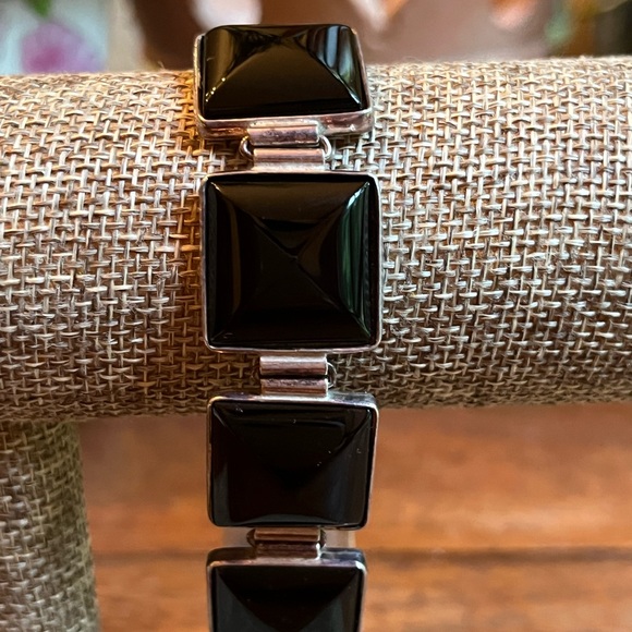 Vintage Art Deco sterling silver heavy black onyx bracelet handcrafted!💕